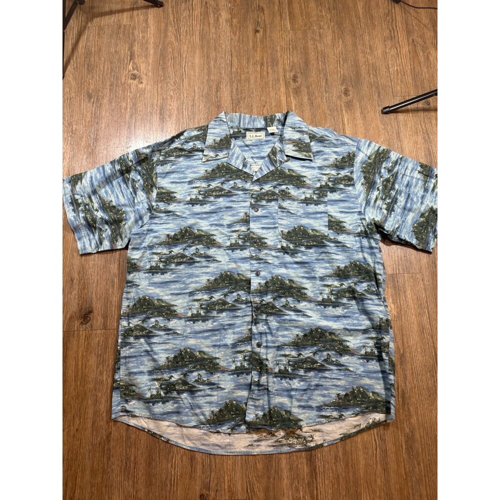 LL Bean Tropics Shirt Green Blue Island All Over Print Camp Collar XL